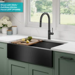 Workstation 33” Flat Apron Front Farmhouse 16 Gauge Black Stainless Steel Single Bowl Kitchen Sink in PVD Gunmetal Finish with Accessories