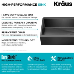 Workstation 33” Flat Apron Front Farmhouse 16 Gauge Black Stainless Steel Single Bowl Kitchen Sink in PVD Gunmetal Finish with Accessories