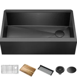 Workstation 33” Flat Apron Front Farmhouse 16 Gauge Black Stainless Steel Single Bowl Kitchen Sink in PVD Gunmetal Finish with Accessories