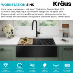 Workstation 33” Flat Apron Front Farmhouse 16 Gauge Black Stainless Steel Single Bowl Kitchen Sink in PVD Gunmetal Finish with Accessories