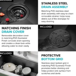 Workstation 33” Flat Apron Front Farmhouse 16 Gauge Black Stainless Steel Single Bowl Kitchen Sink in PVD Gunmetal Finish with Accessories