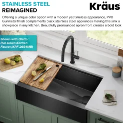 Workstation 33” Flat Apron Front Farmhouse 16 Gauge Black Stainless Steel Single Bowl Kitchen Sink in PVD Gunmetal Finish with Accessories