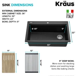 Workstation 33 in. Drop In Single Bowl Granite Kitchen Sink in Metallic Black with Accessories