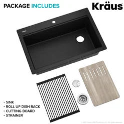 Workstation 33 in. Drop In Single Bowl Granite Kitchen Sink in Metallic Black with Accessories