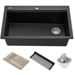 Workstation 33 in. Drop In Single Bowl Granite Kitchen Sink in Metallic Black with Accessories