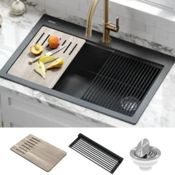 Workstation 33 in. Drop In Single Bowl Granite Kitchen Sink in Metallic Black with Accessories