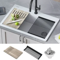 Workstation 33 in. Drop In Single Bowl Granite Kitchen Sink in White with Accessories