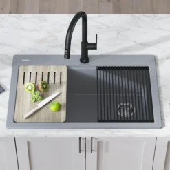 Workstation 33 in. Drop In Single Bowl Granite Kitchen Sink in Metallic Gray with Accessories