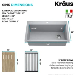 Workstation 33 in. Drop In Single Bowl Granite Kitchen Sink in Metallic Gray with Accessories