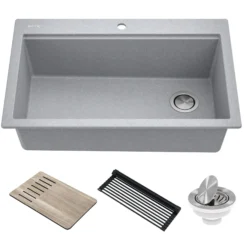 Workstation 33 in. Drop In Single Bowl Granite Kitchen Sink in Metallic Gray with Accessories