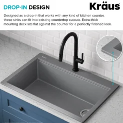 Workstation 33 in. Drop In Single Bowl Granite Kitchen Sink in Metallic Gray with Accessories