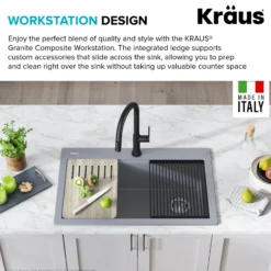 Workstation 33 in. Drop In Single Bowl Granite Kitchen Sink in Metallic Gray with Accessories