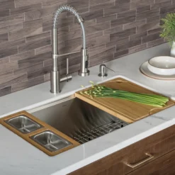 Workstation Kitchen Sink Serving Board Set with Rectangular Stainless Steel Bowls