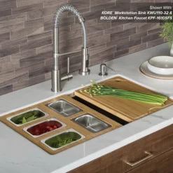 Workstation Kitchen Sink Serving Board Set with Rectangular Stainless Steel Bowls