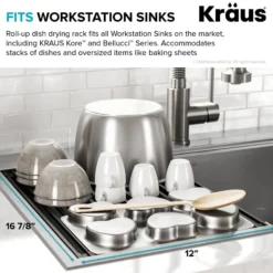 Workstation Multipurpose Over Sink Roll-Up Dish Drying Rack in Dark Grey