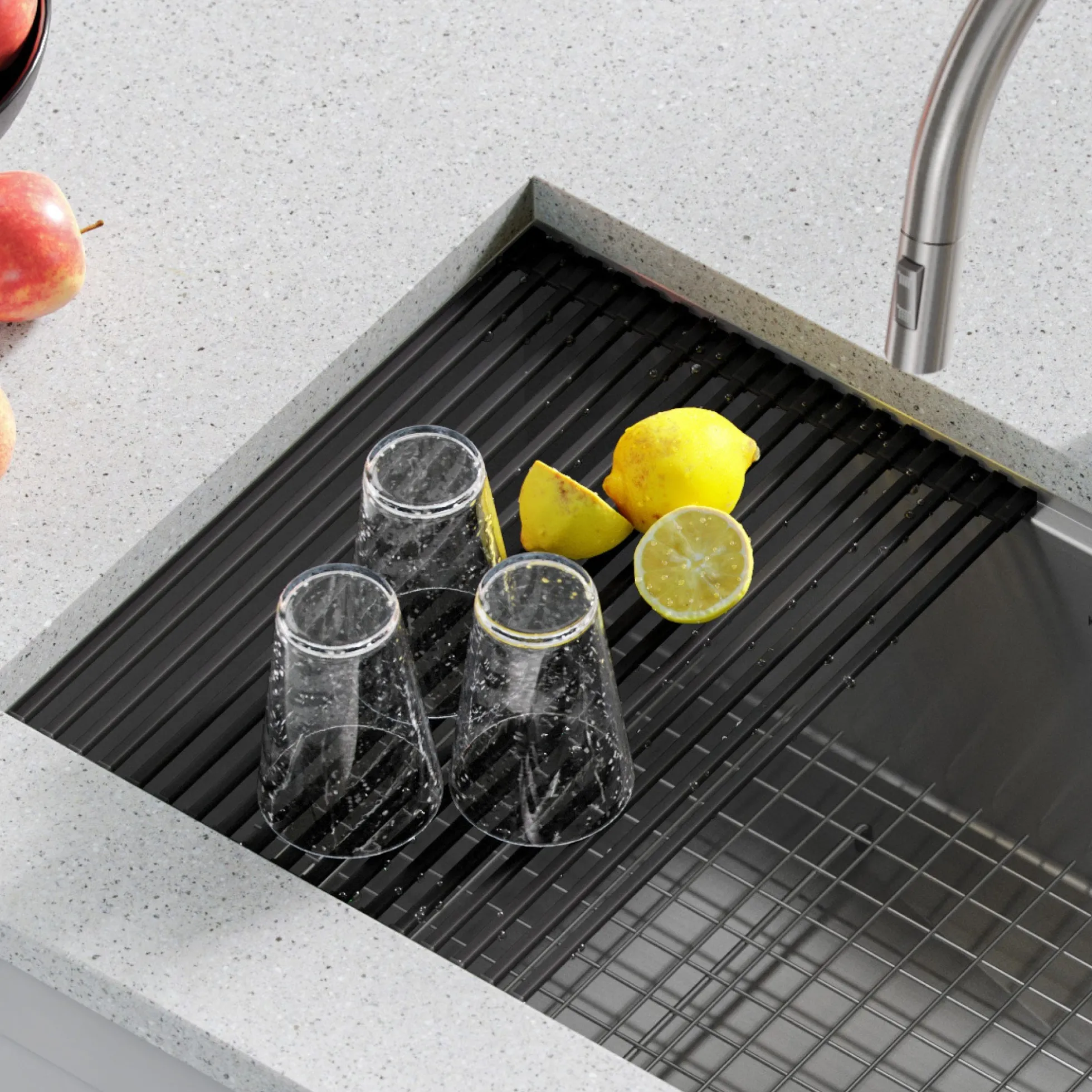 Workstation Multipurpose Over Sink Roll-Up Dish Drying Rack in Aqua