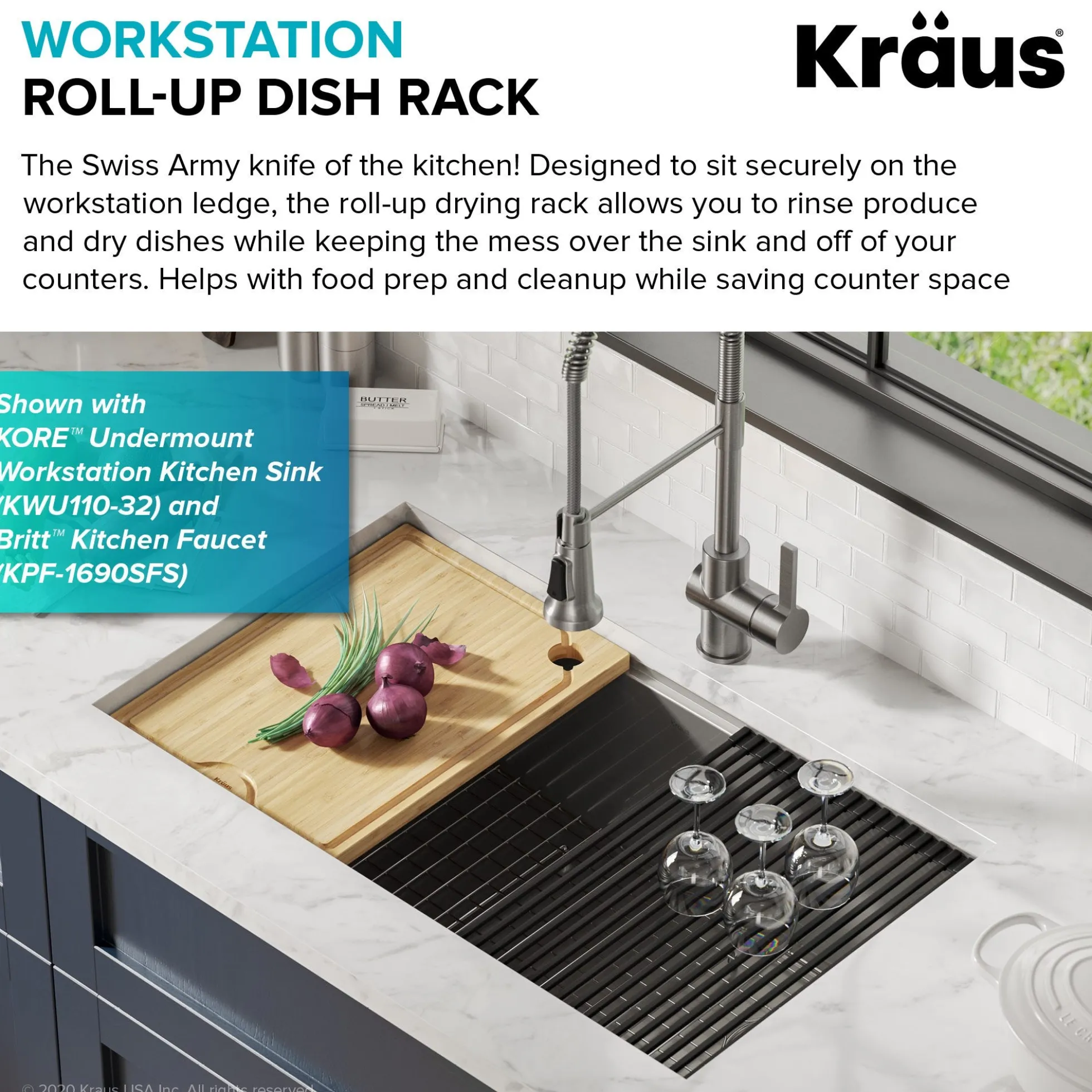 Workstation Multipurpose Over Sink Roll-Up Dish Drying Rack in Aqua