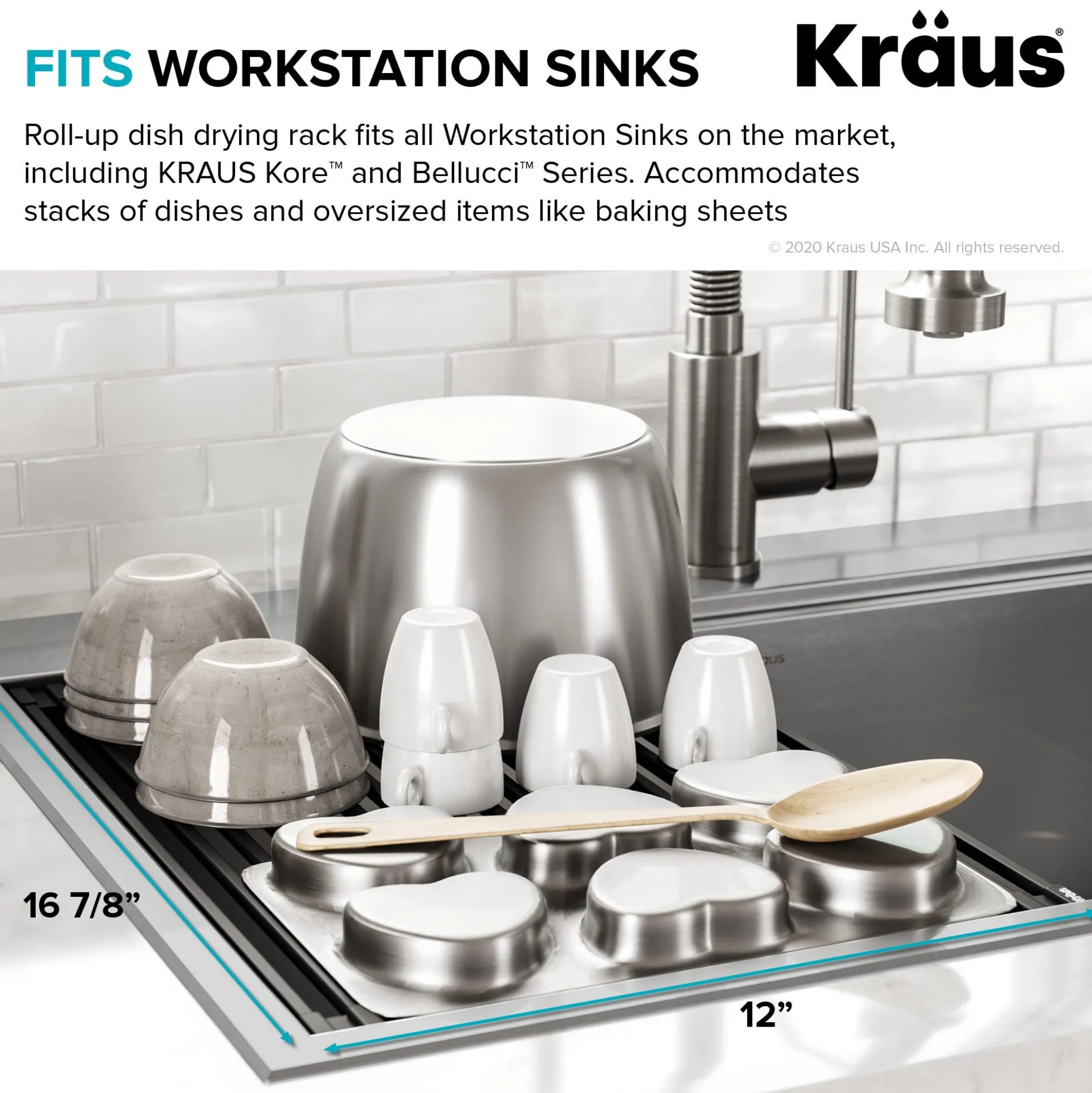 Workstation Multipurpose Over Sink Roll-Up Dish Drying Rack in Aqua