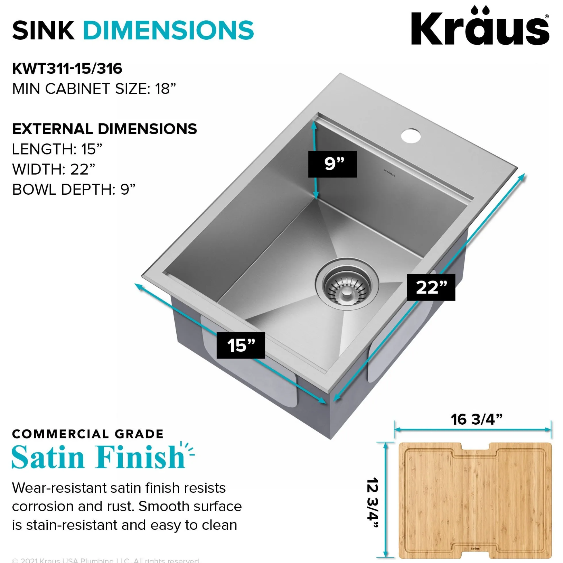 Workstation 15"OutdoorDrop-In16 GaugeMarine Grade T-316Stainless Steel Single Bowl Kitchen Bar Sink with Accessories