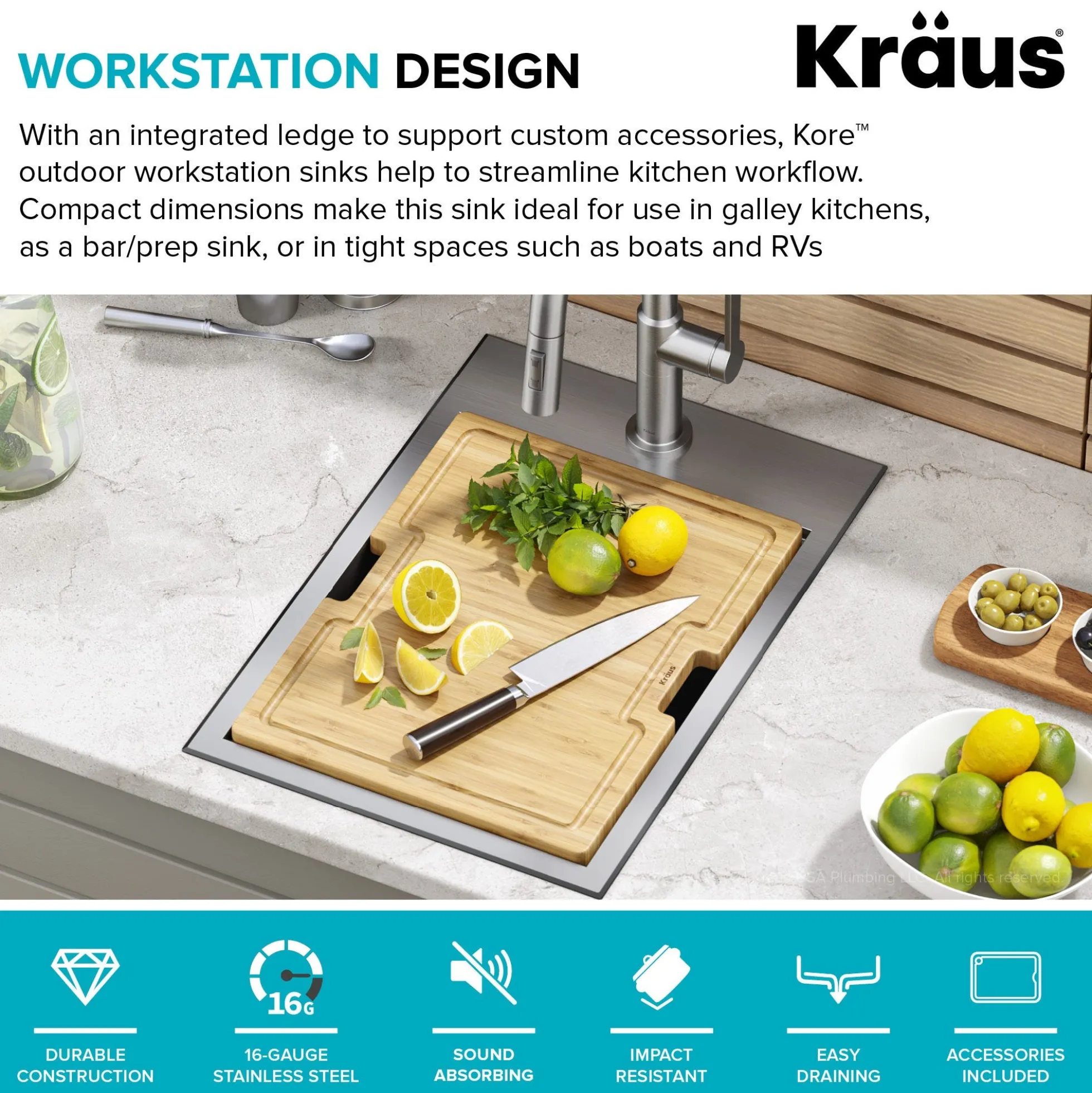 Workstation 15"OutdoorDrop-In16 GaugeMarine Grade T-316Stainless Steel Single Bowl Kitchen Bar Sink with Accessories