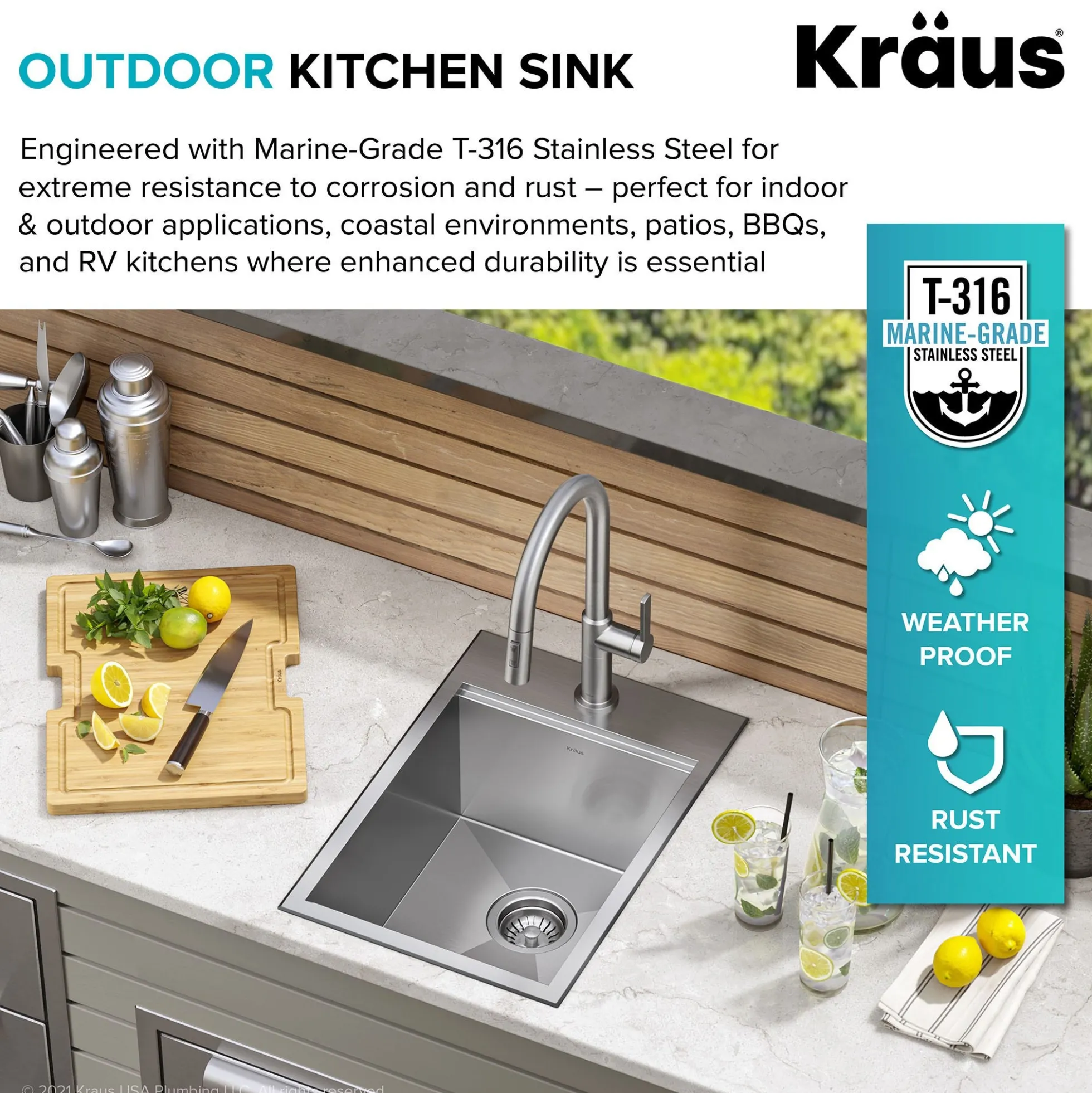 Workstation 15"OutdoorDrop-In16 GaugeMarine Grade T-316Stainless Steel Single Bowl Kitchen Bar Sink with Accessories