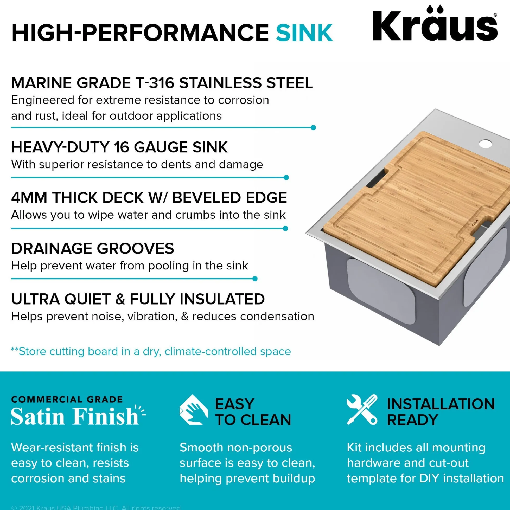 Workstation 15"OutdoorDrop-In16 GaugeMarine Grade T-316Stainless Steel Single Bowl Kitchen Bar Sink with Accessories