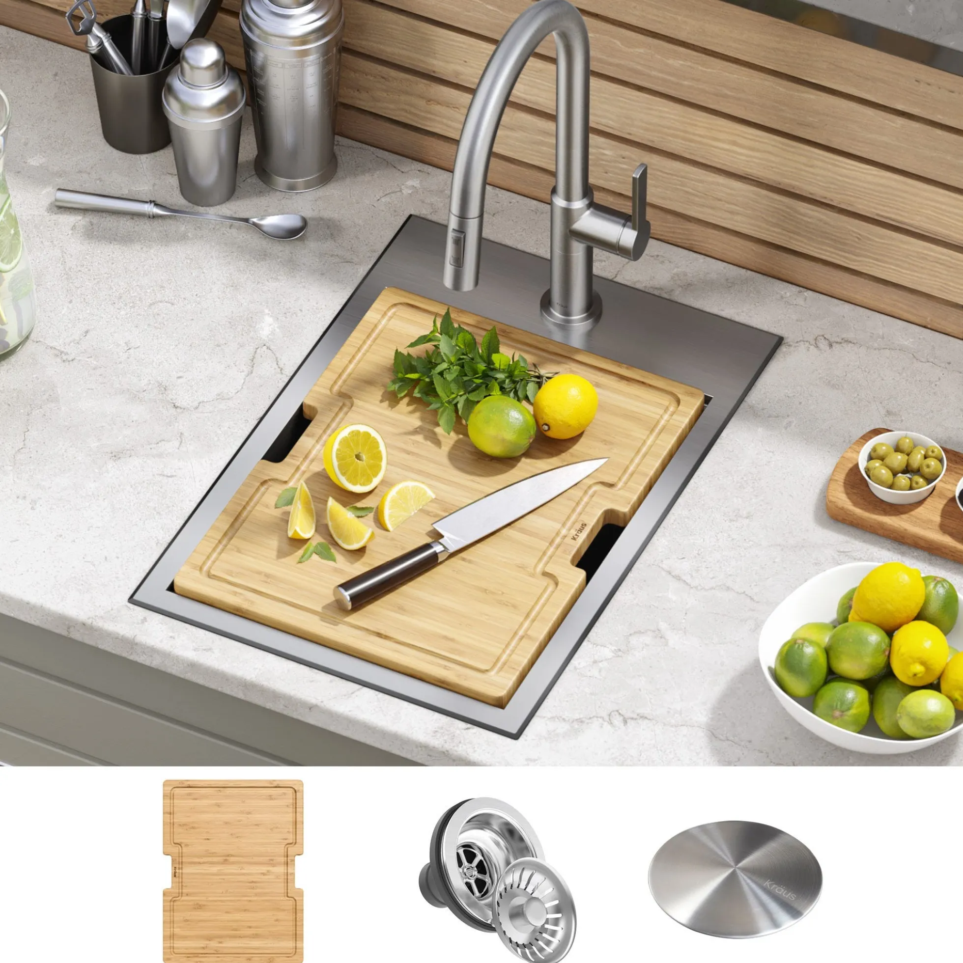 Workstation 15"OutdoorDrop-In16 GaugeMarine Grade T-316Stainless Steel Single Bowl Kitchen Bar Sink with Accessories