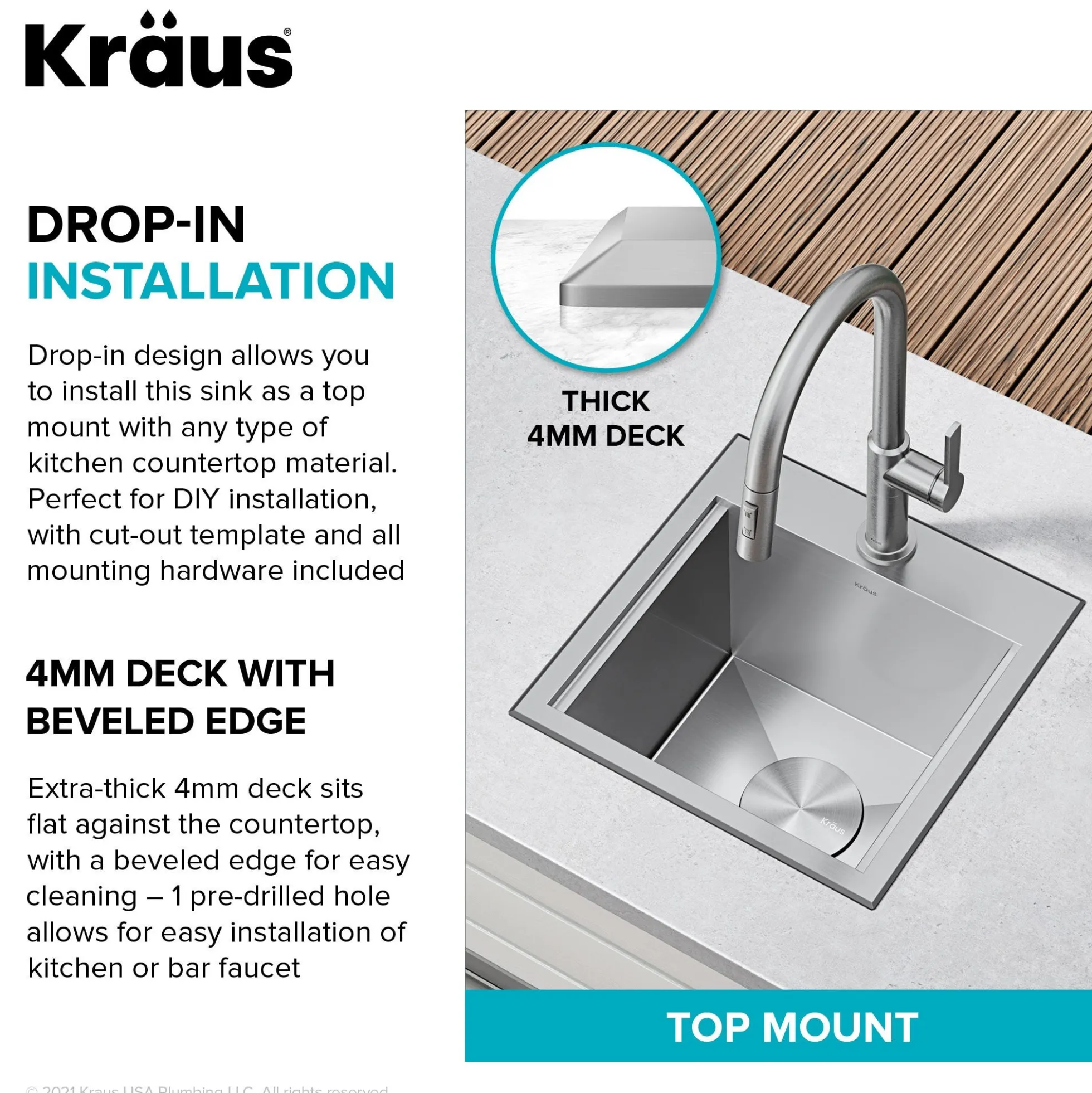 Workstation 15"OutdoorDrop-in16 GaugeMarine Grade T-316Stainless SteelSquareSingle Bowl Kitchen Bar Sink with Accessories