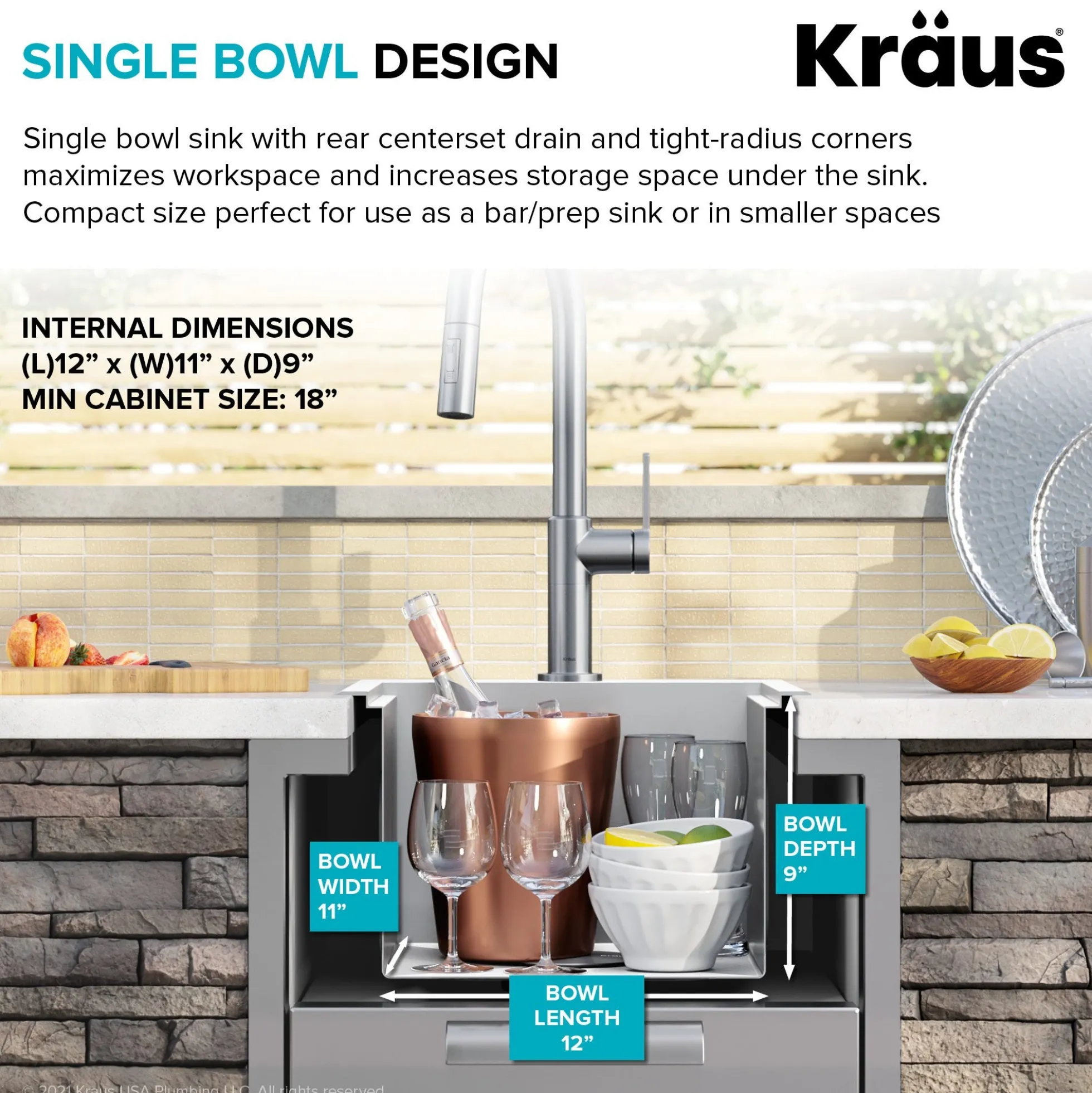 Workstation 15"OutdoorDrop-in16 GaugeMarine Grade T-316Stainless SteelSquareSingle Bowl Kitchen Bar Sink with Accessories