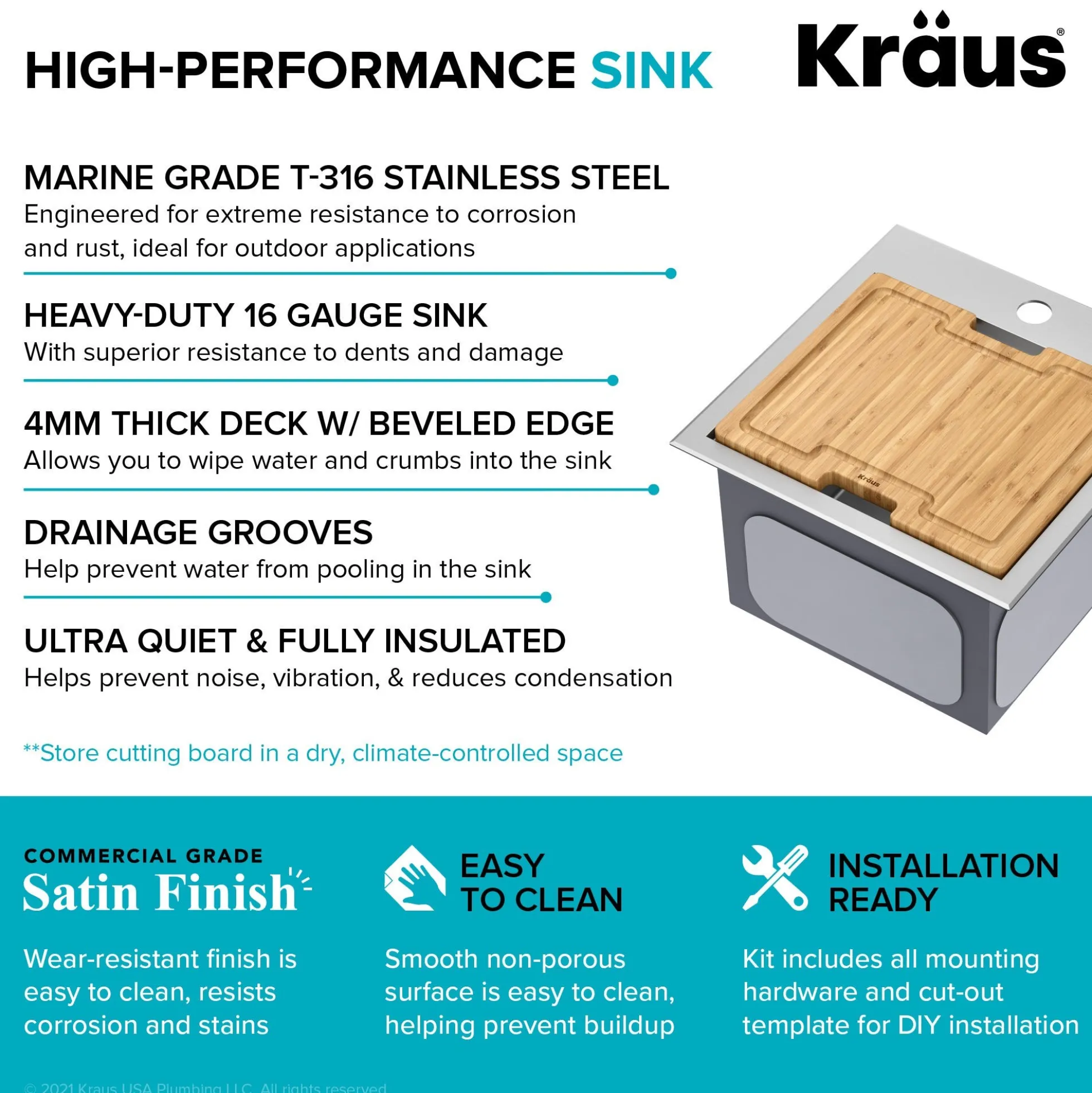Workstation 15"OutdoorDrop-in16 GaugeMarine Grade T-316Stainless SteelSquareSingle Bowl Kitchen Bar Sink with Accessories