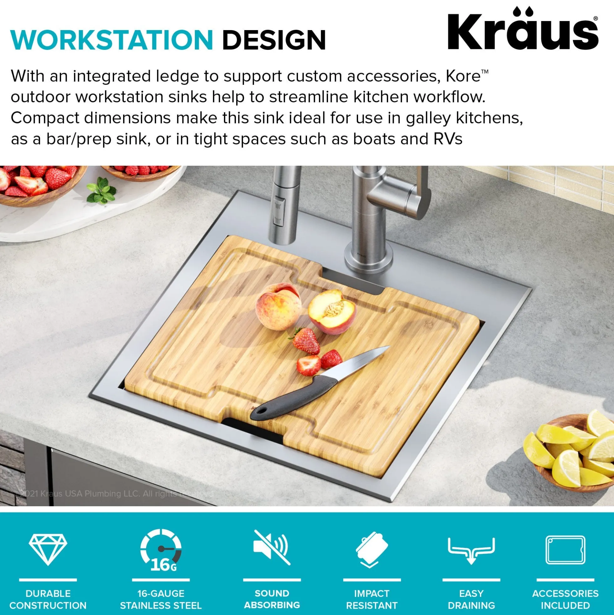 Workstation 15"OutdoorDrop-in16 GaugeMarine Grade T-316Stainless SteelSquareSingle Bowl Kitchen Bar Sink with Accessories