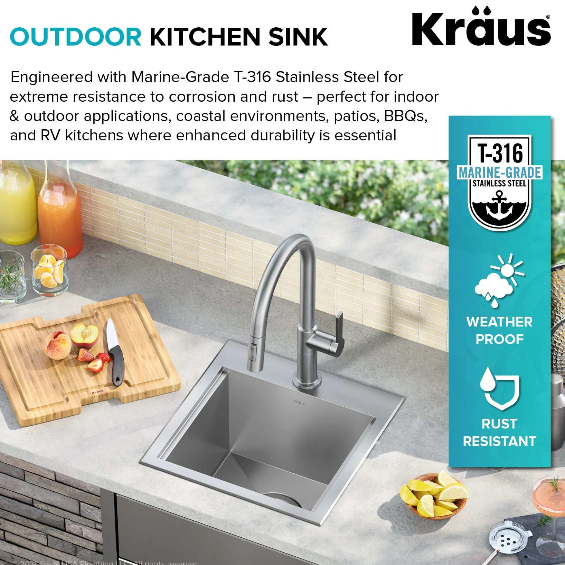 Workstation 15"OutdoorDrop-in16 GaugeMarine Grade T-316Stainless SteelSquareSingle Bowl Kitchen Bar Sink with Accessories