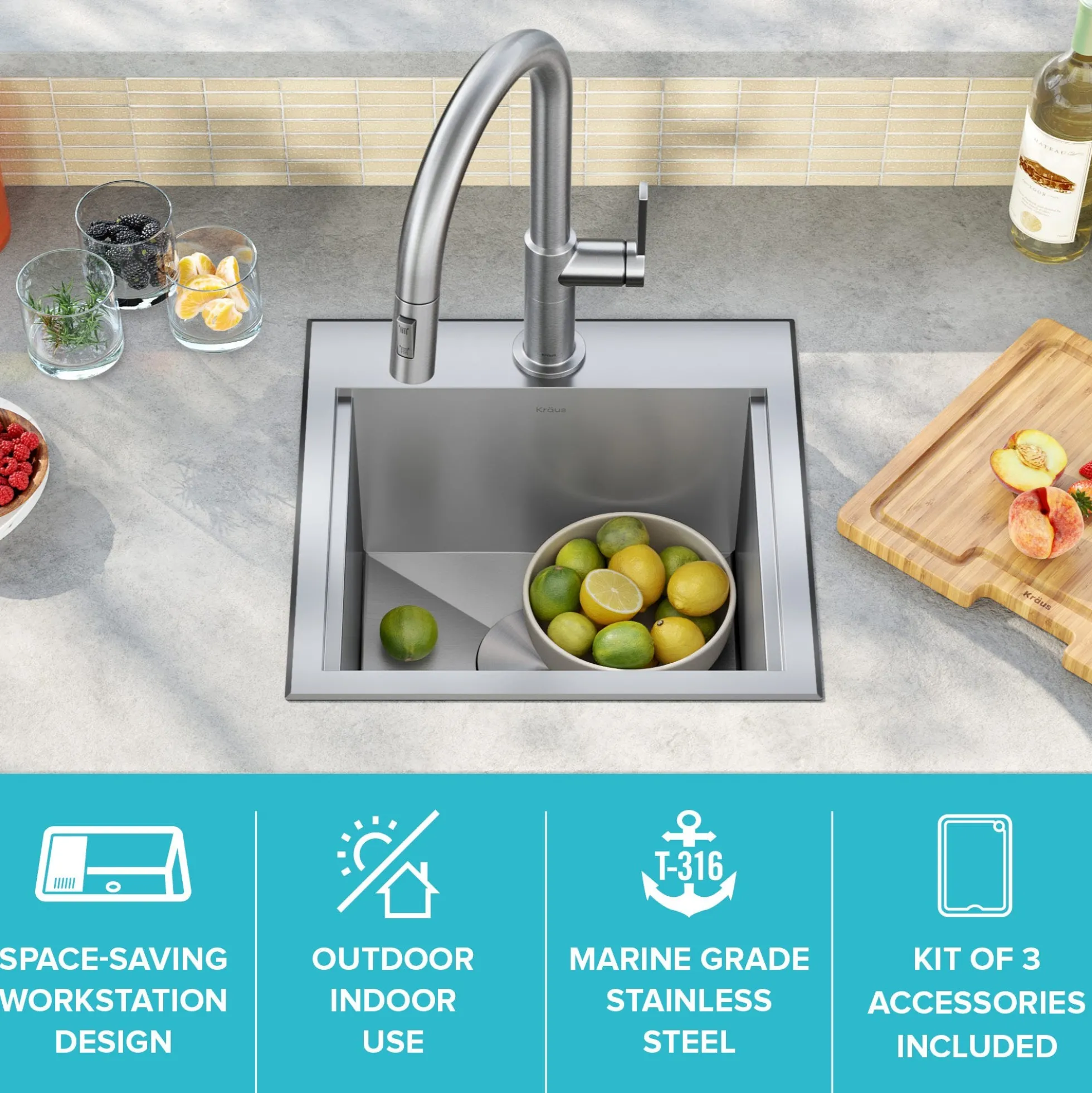 Workstation 15"OutdoorDrop-in16 GaugeMarine Grade T-316Stainless SteelSquareSingle Bowl Kitchen Bar Sink with Accessories
