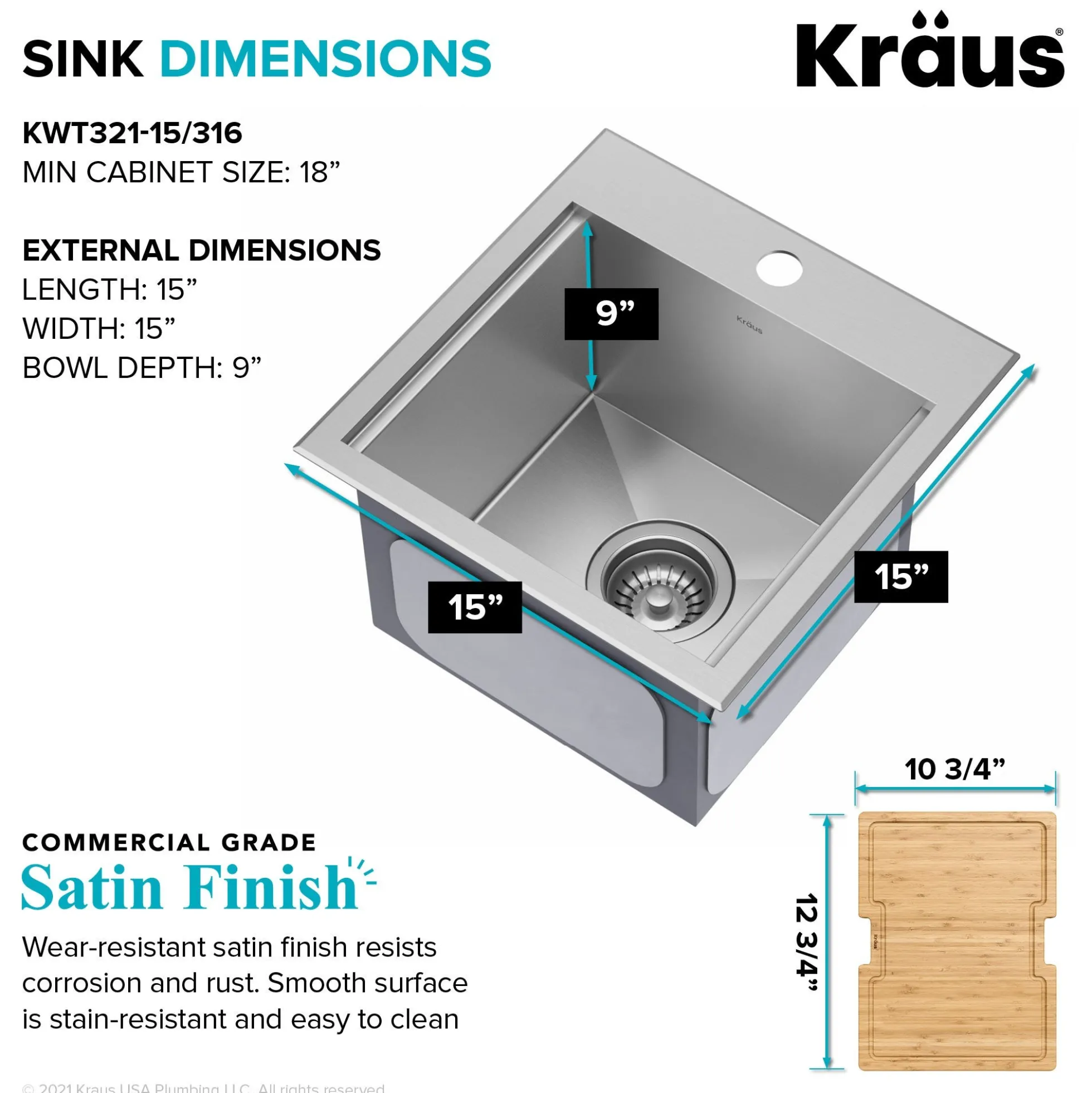 Workstation 15"OutdoorDrop-in16 GaugeMarine Grade T-316Stainless SteelSquareSingle Bowl Kitchen Bar Sink with Accessories