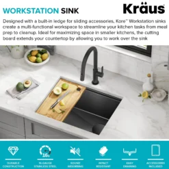 Workstation 23” Undermount 16 Gauge Black Stainless Steel Single Bowl Kitchen Sink in PVD Gunmetal Finish with Accessories