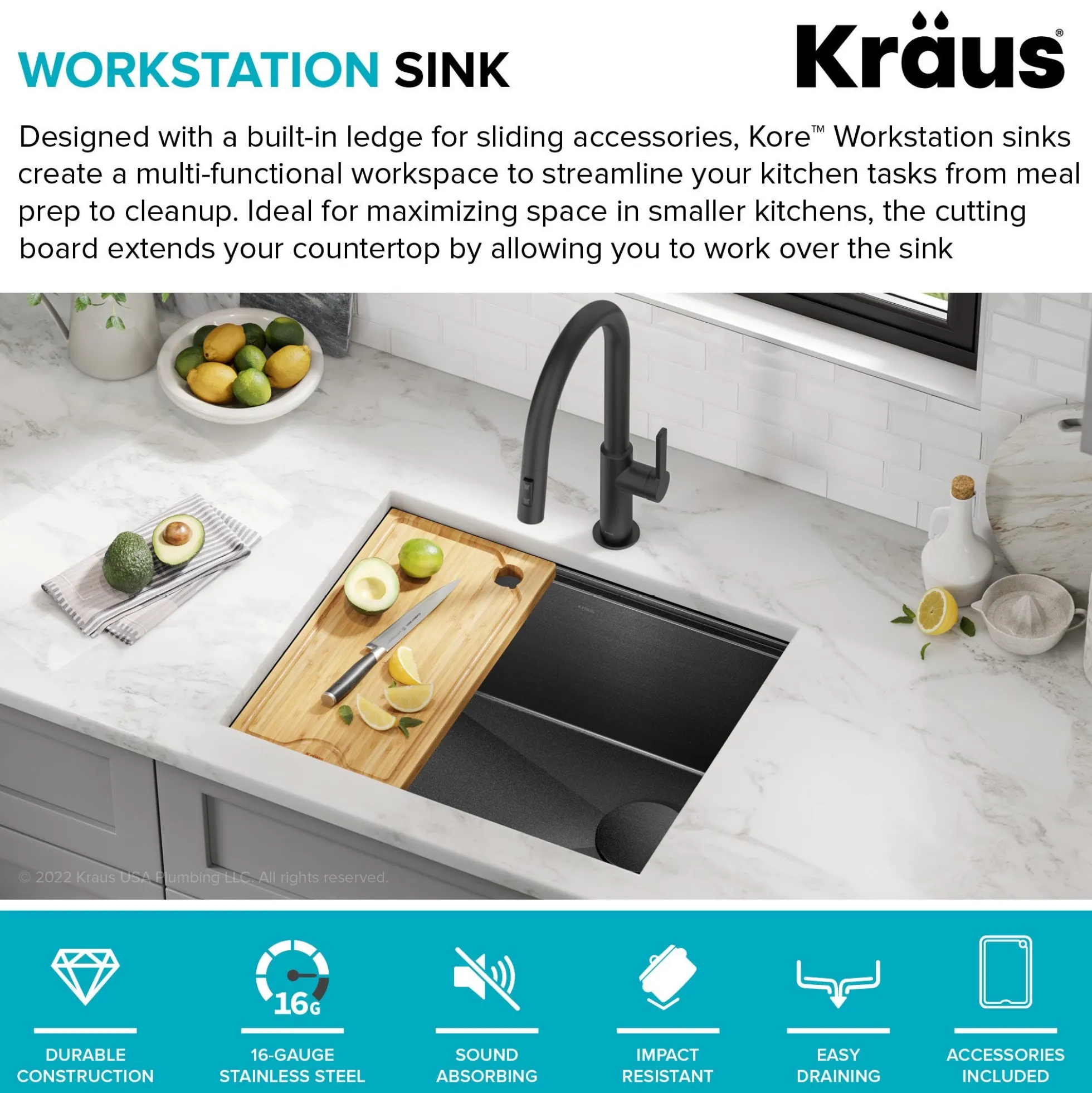 Workstation 23” Undermount 16 Gauge Black Stainless Steel Single Bowl Kitchen Sink in PVD Gunmetal Finish with Accessories