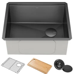 Workstation 23” Undermount 16 Gauge Black Stainless Steel Single Bowl Kitchen Sink in PVD Gunmetal Finish with Accessories