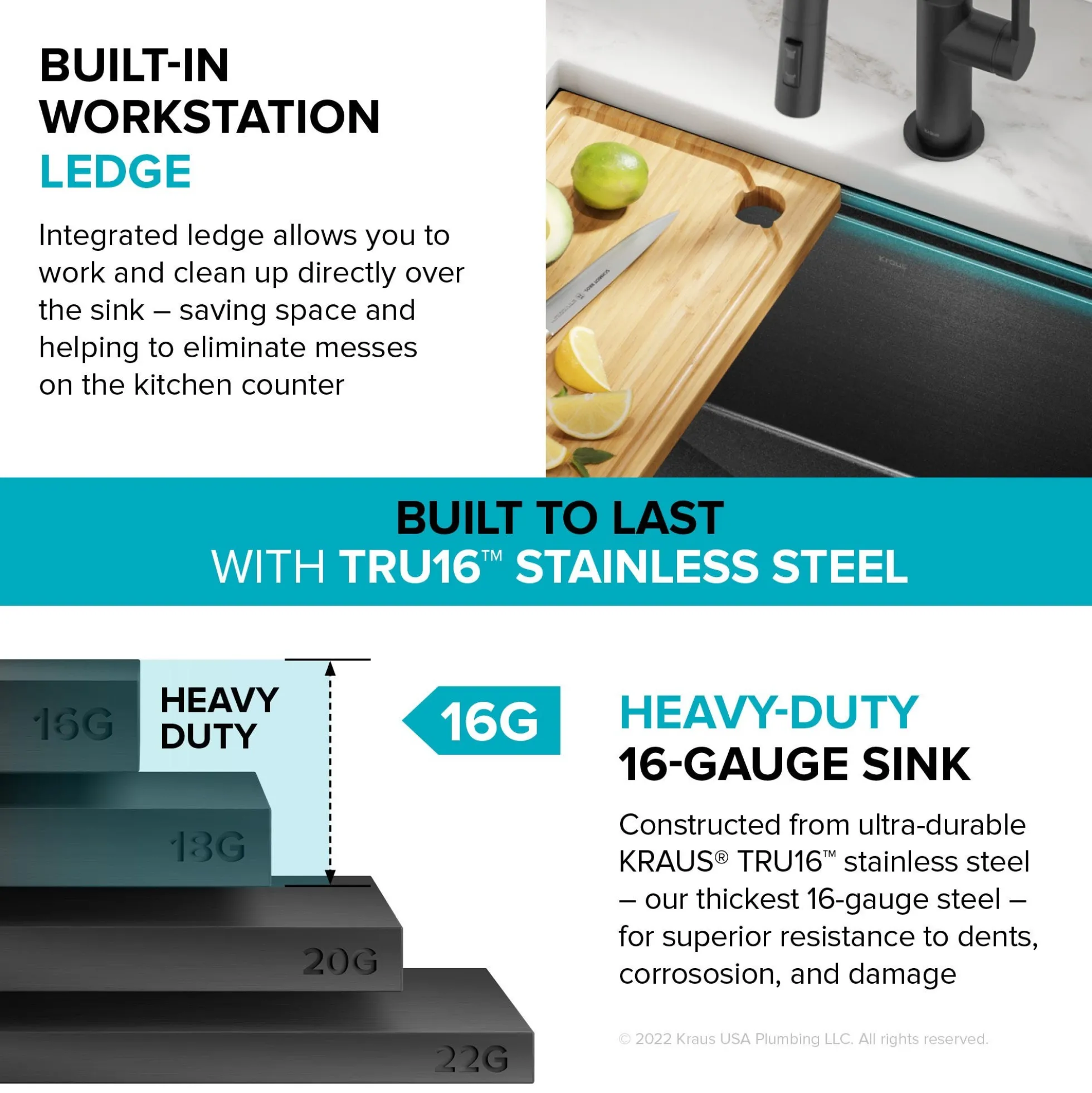 Workstation 23” Undermount 16 Gauge Black Stainless Steel Single Bowl Kitchen Sink in PVD Gunmetal Finish with Accessories