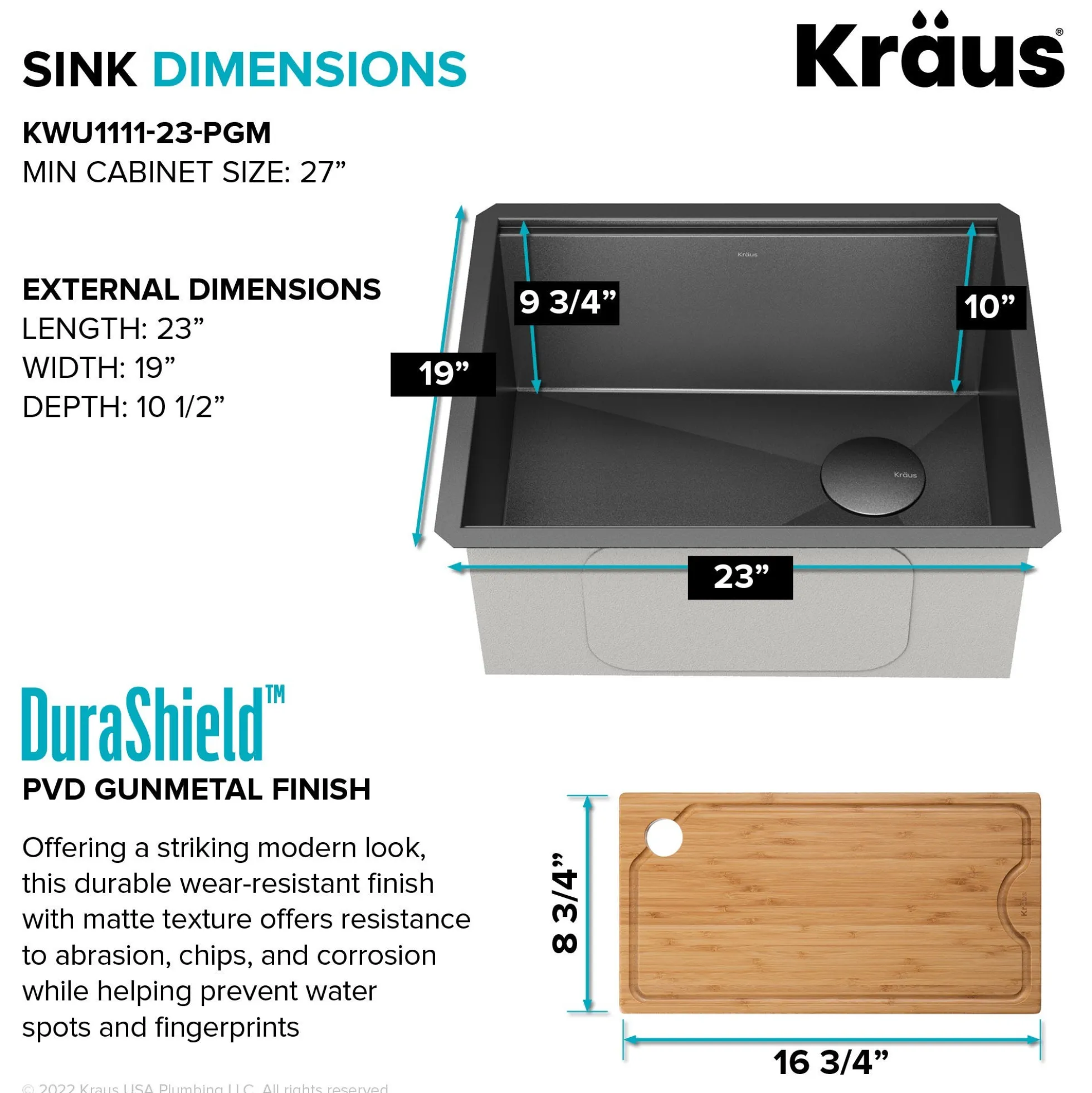 Workstation 23” Undermount 16 Gauge Black Stainless Steel Single Bowl Kitchen Sink in PVD Gunmetal Finish with Accessories