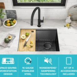 Workstation 23” Undermount 16 Gauge Black Stainless Steel Single Bowl Kitchen Sink in PVD Gunmetal Finish with Accessories