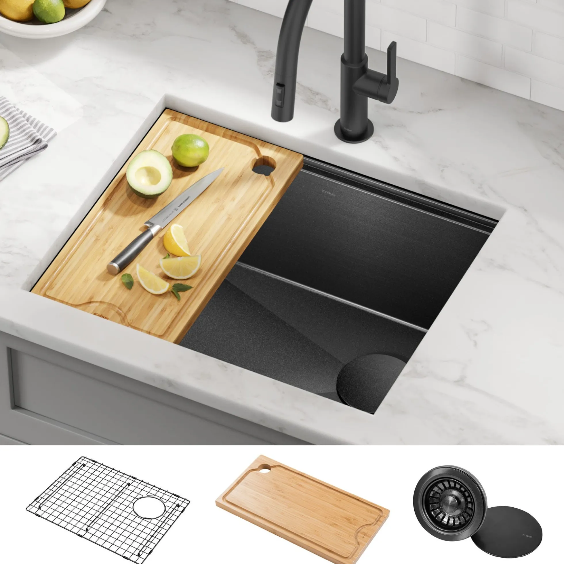 Workstation 23” Undermount 16 Gauge Black Stainless Steel Single Bowl Kitchen Sink in PVD Gunmetal Finish with Accessories