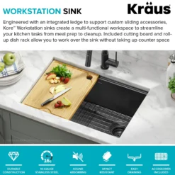 Workstation 27” Undermount 16 Gauge Black Stainless Steel Single Bowl Kitchen Sink in PVD Gunmetal Finish with Accessories