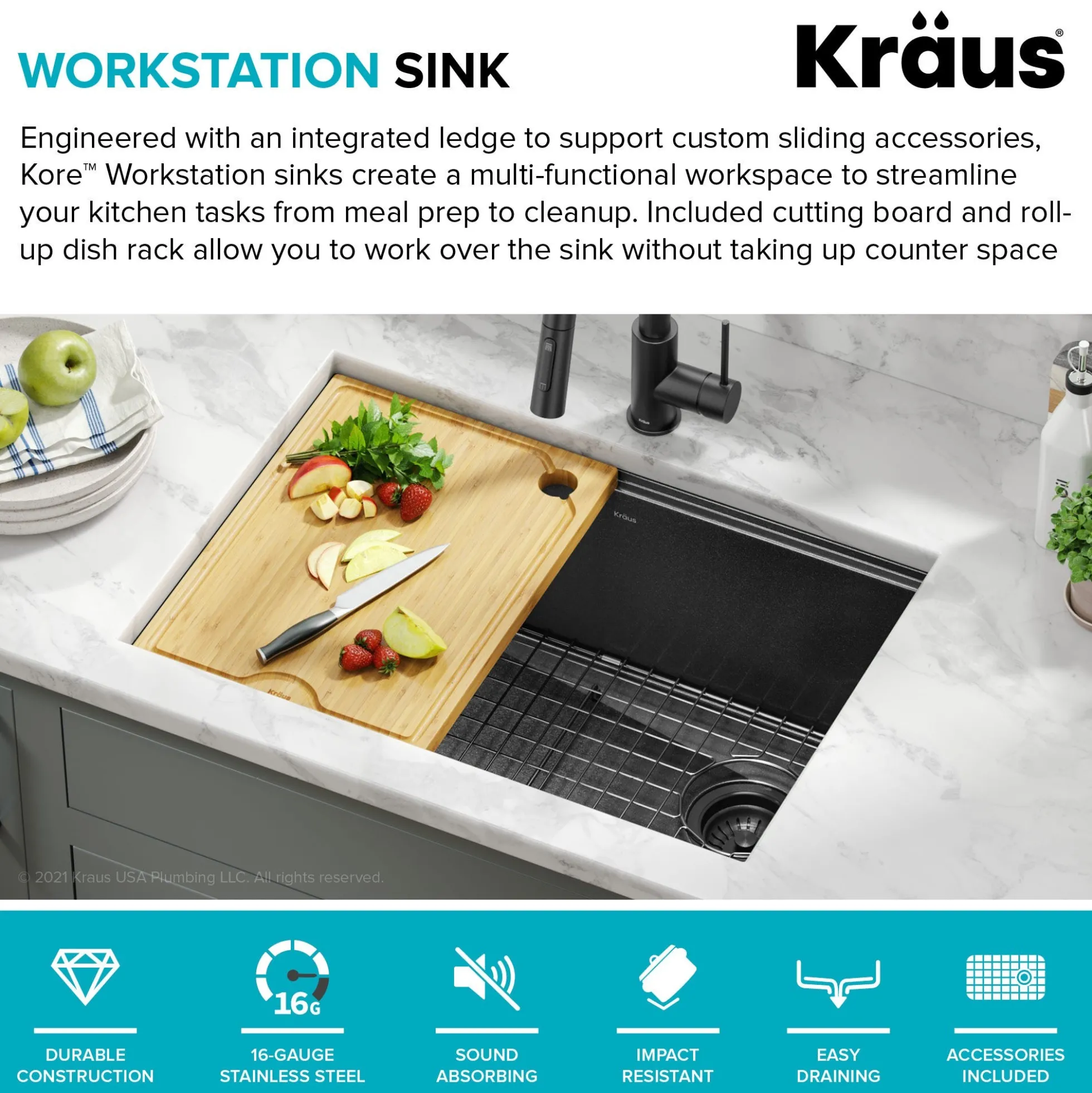 Workstation 27” Undermount 16 Gauge Black Stainless Steel Single Bowl Kitchen Sink in PVD Gunmetal Finish with Accessories
