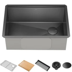 Workstation 27” Undermount 16 Gauge Black Stainless Steel Single Bowl Kitchen Sink in PVD Gunmetal Finish with Accessories