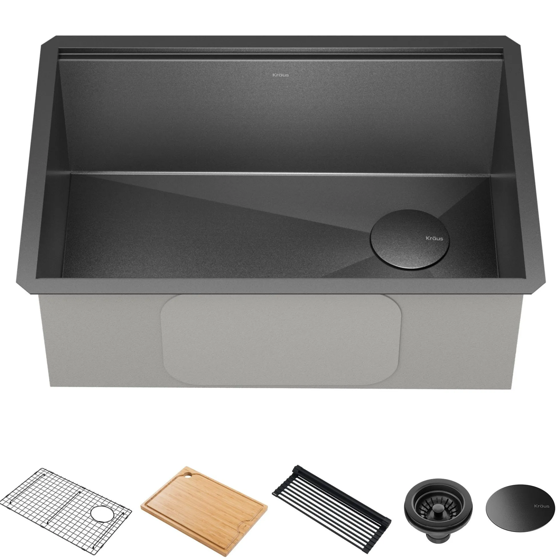 Workstation 27” Undermount 16 Gauge Black Stainless Steel Single Bowl Kitchen Sink in PVD Gunmetal Finish with Accessories
