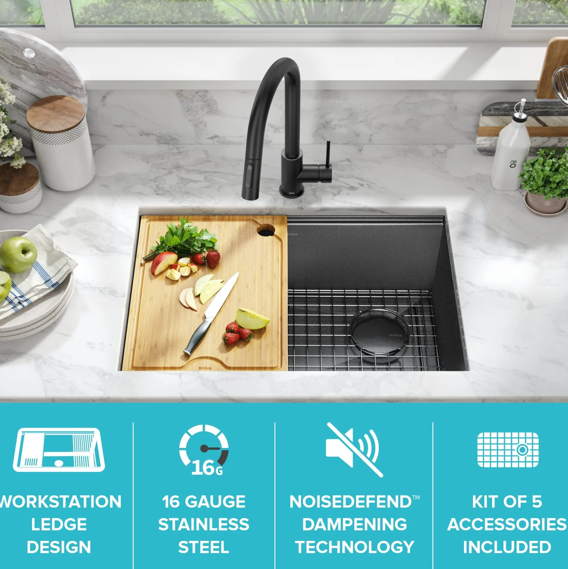 Workstation 27” Undermount 16 Gauge Black Stainless Steel Single Bowl Kitchen Sink in PVD Gunmetal Finish with Accessories
