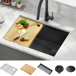 Workstation 27” Undermount 16 Gauge Black Stainless Steel Single Bowl Kitchen Sink in PVD Gunmetal Finish with Accessories
