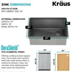 Workstation 27” Undermount 16 Gauge Black Stainless Steel Single Bowl Kitchen Sink in PVD Gunmetal Finish with Accessories