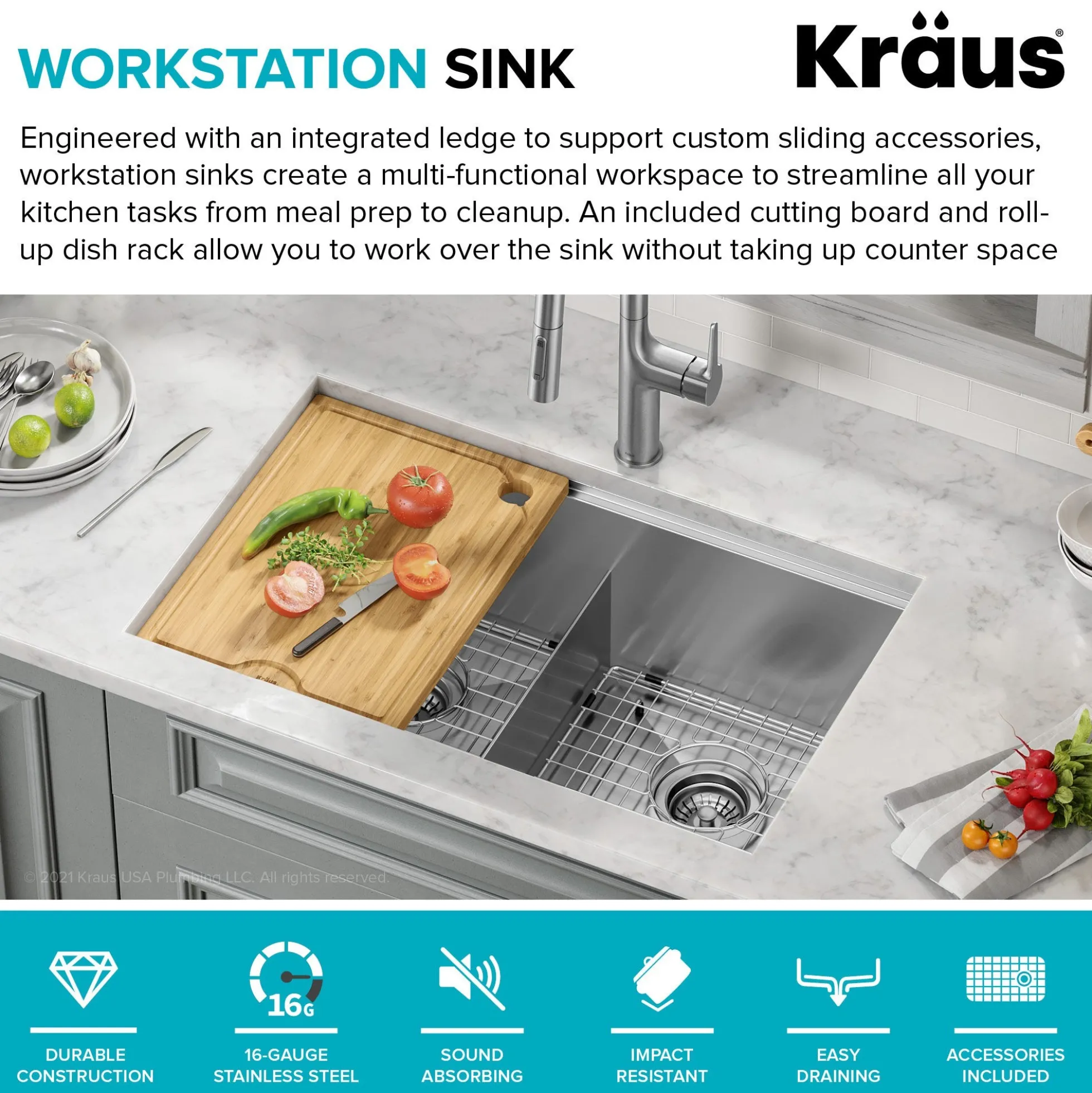 Workstation 30" Undermount 16 Gauge Stainless Steel 50/50 Double Bowl Kitchen Sink with Accessories