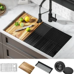 Workstation 32” Undermount 16 Gauge Black Stainless Steel Single Bowl Kitchen Sink in PVD Gunmetal Finish with Accessories